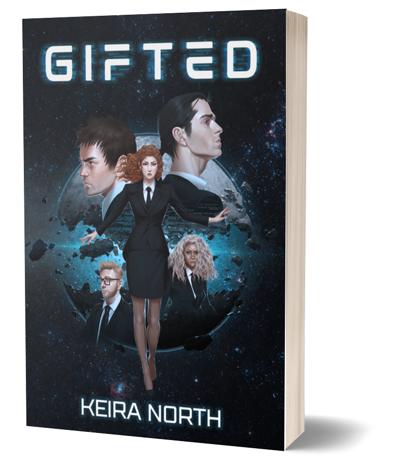 Cover of the book titled Gifted by Keira North, featuring four characters against a backdrop of computer code, space, and a partially destroyed planet. The central figure is a woman in a black suit standing with arms outstretched, with three other characters--two men and one woman--surrounding her. The title Gifted is displayed in a futuristic font at the top, and the author's name is at the bottom.